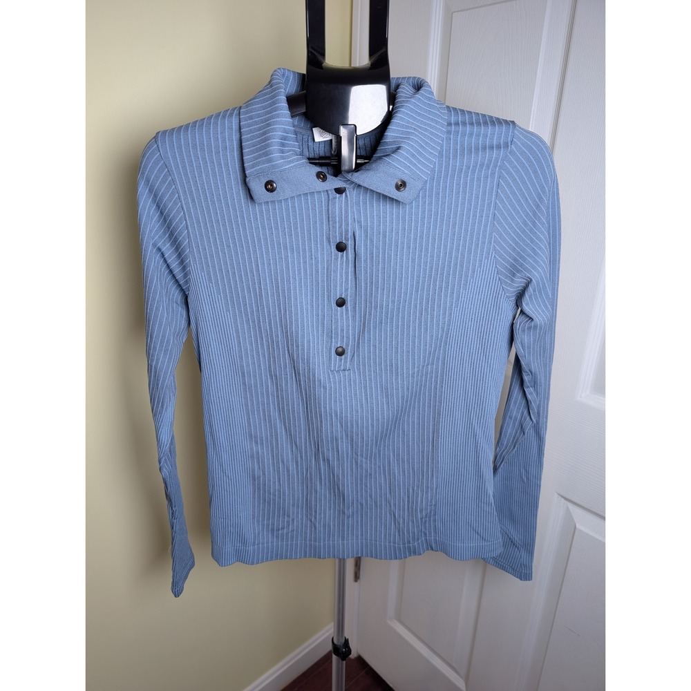 Athleta Flurry Seamless Henley Top L Blue Ribbed Snap Neck Long Sleeve Thumbhole